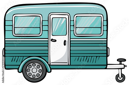 A vintage teal camper trailer in a cute cartoon illustration style for travel and vacation concepts
