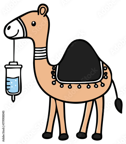 Cartoon camel holding medical syringe with medication ready to inject
