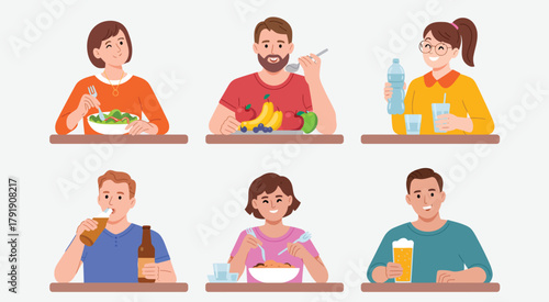 Healthy and unhealthy lifestyle eating habits concept with vector illustrations of people choosing fruits, salads, fast food, snacks, and beverages for nutrition comparison.