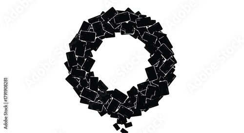 Abstract circular arrangement of dark rectangular shapes against a white background, suggesting technology or data flow.