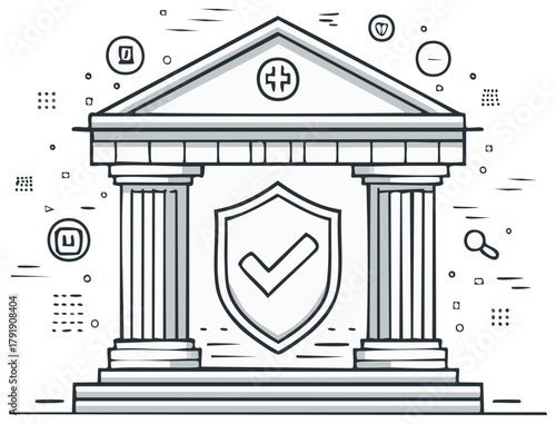 Bank building illustration featuring checkmark shield, financial security architecture with line art and geometric shapes