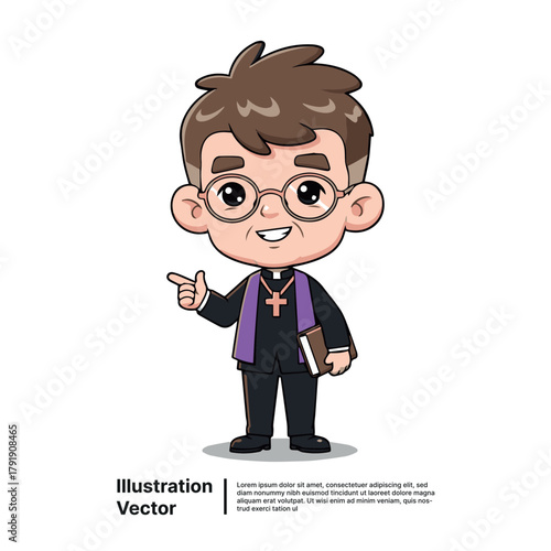 Cartoon Priest Character Illustration with Book for Religious Education and Services