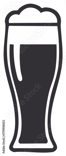 Black and white vector icon of a refreshing beer pint glass with frothy foamy head