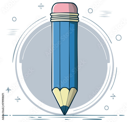 Cartoon illustration of a blue pencil with a pink eraser and a circular design