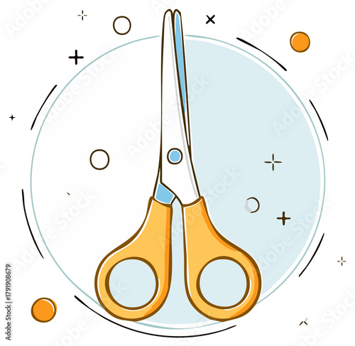 Illustration of Scissors with Geometric Ornaments in Light Blue and Yellow Hues