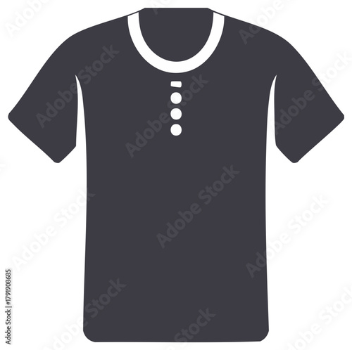 Dark gray short sleeve henley shirt with white buttons and collar