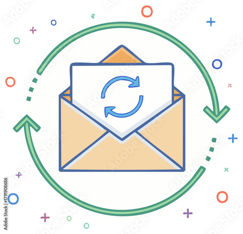 Email update refresh concept with message envelope and circular arrows synchronization