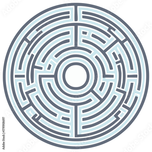 Abstract circular labyrinth puzzle challenge featuring complex passageways and concentric rings on a neutral background