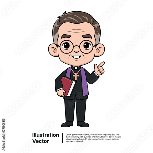 Cheerful illustrated clergyman offering guidance with a book in hand, symbolizing faith and wisdom