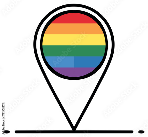 LGBTQ pride flag colorful rainbow stripes within a map location pointer pin icon