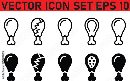 Chicken leg, drumstick, fried chicken, chicken thighs, roast chicken icon set. Vector graphic illustration. Suitable for website design, logo,signs, nourishment, 