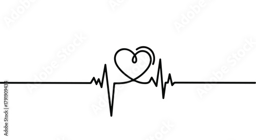 Continuous line art of a heart integrated with a cardiogram, symbolizing love and life.