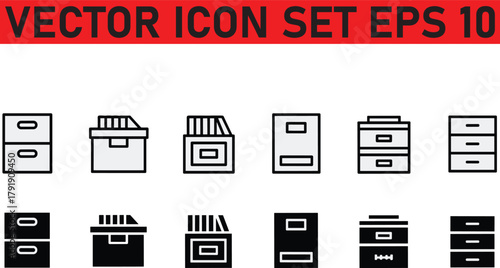 File cabinet icon set. Vector graphic illustration. Suitable for website design, logo, app, template,database, document, folder, index, information, library, portfolio, search, signs, 