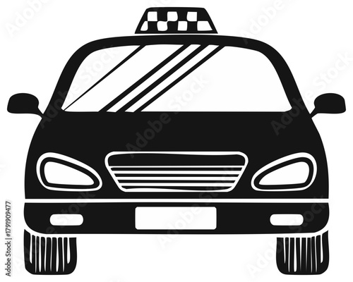 Front View of a Stylized Taxi Cab with Checked Roof Light in Black and White