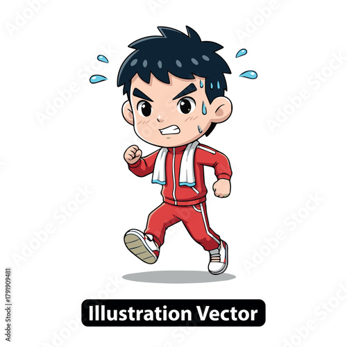 Cartoon Man in Tracksuit Jogging with Determined Expression and Sweat Drops