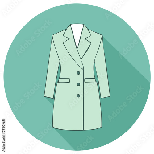 Mint green long coat or blazer garment icon with buttons and flat design shadow