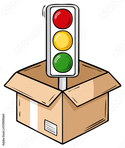 Cartoon traffic light emerging from an open cardboard box for a delivery or unboxing concept