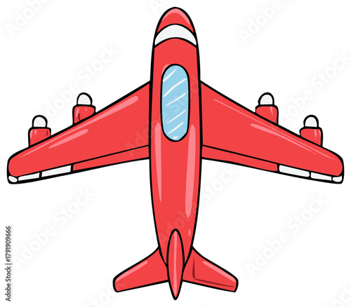 Cartoon Jet Plane Overhead View with Red Body and Blue Windows in Isolated Style