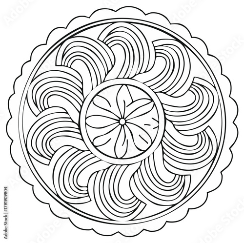 Intricate circular mandala line art design with floral and wave patterns for coloring