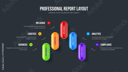 Consulting Analysis Frame Design Vector Illustration. Modern Visualization Five Element Infographic Slideshow Layout. Product Briefing 5 Step Diagram Slide Template.
