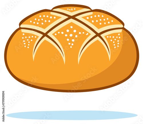 Round loaf of bread with a diamond pattern on top and sprinkled flour
