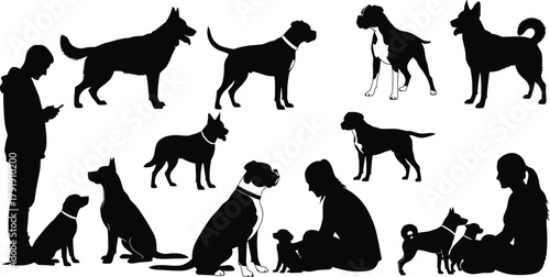 Dog owners silhouettes, people walking dogs, sitting and training pets, human and dog relationship vector illustration, animal companionship, pet care concept design