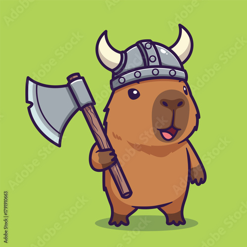 Cute Capybara Wearing a Viking Costume Holding an Axe  Cartoon Style Fantasy Warrior Vector Illustration
