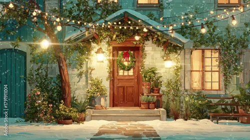 Winter house with holiday decor, snow, and cozy home.
