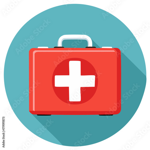 Red First Aid Kit Icon on Teal Background for Medical Health and Emergency Assistance