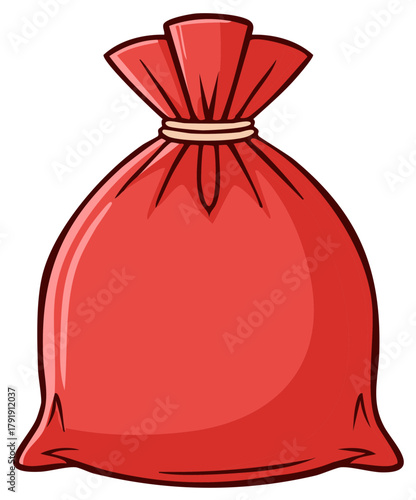 Cartoon illustration of a red sack tied at the top with a white ribbon.