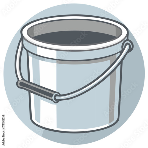 Light grey utility bucket with dark liquid and handle simple vector cartoon icon illustration