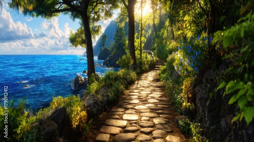 Coastal path winding through lush vegetation, bathed in golden sunlight