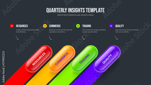 Product Growth 4 Step Diagram Slideshow Layout. Market Briefing Frame Template Vector Illustration. Modern Proposal Four Element Infographic Presentation Design.