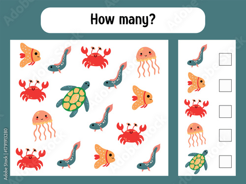 Counting Worksheet with Marine Animals. How mani 