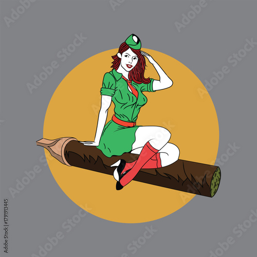 Vintage Girl Air Hostess Sitting on Cigar Vector Illustration