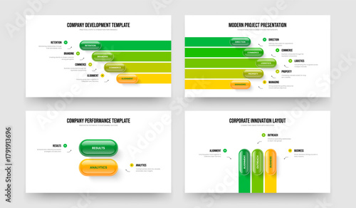 Investor Development Four Five Two Three Option Infographic Frame Design Vector Illustration Bundle. Company Showcase 4 5 2 3 Element Diagram Slide Layout Collection.