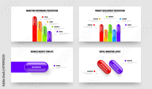 Marketing Launch 4 5 1 2 Step Infographic Slideshow Design Bundle. Sales Review Four Five One Two Option Diagram Frame Layout Vector Illustration Set.