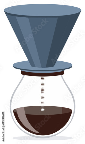 Illustration of a coffee pour over glass with the dark drink and filter