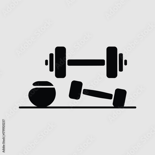 Simple silhouette of dumbbells and kettlebell on a plain background