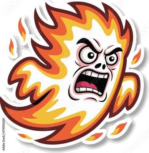 Fiery monster vector illustration with an angry screaming face and flame-like fur isolated on transparent background