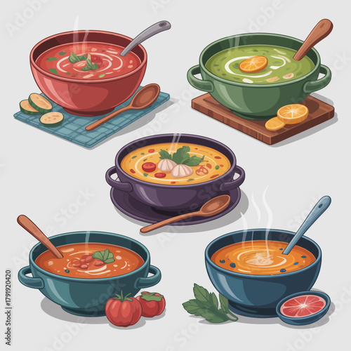 Collection of five delicious bowls of soup with spoons and garnishes