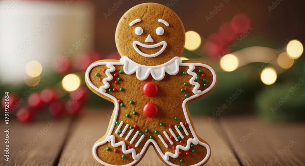 Obraz premium Smiling gingerbread man cookie with festive holiday decorations