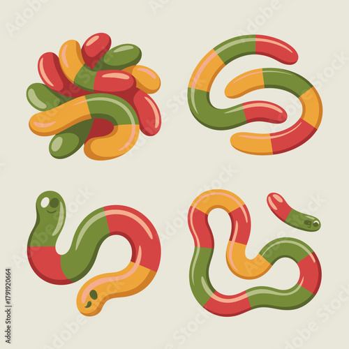 Colorful gummy worms in various shapes and arrangements