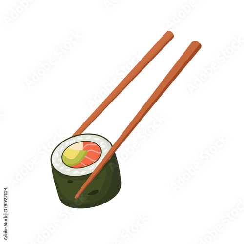 Fresh salmon sushi roll held by wooden chopsticks isolated on white background
