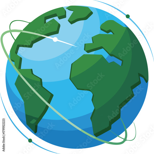 Global network vector icon with orbiting lines representing communication and worldwide connectivity