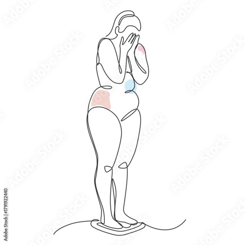 Depressed woman with weight on the scale one line drawing. Depressed woman with weight on the scale single line illustration. Depressed woman with weight on the scale minimalist line art