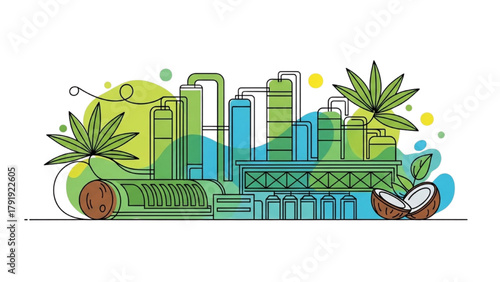 Modern Facility Converting Coconut Oil into Biofuel — High-Quality Black Continuous Colorful Line Art Blending Eco-Technology and Sustainability 