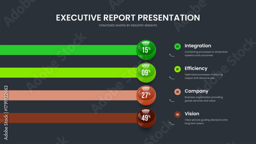 Consulting Visualization Four Element Graph Presentation Template. Corporate Innovation 4 Step Infographic Frame Layout. Project Plan Slide Design Vector Illustration.
