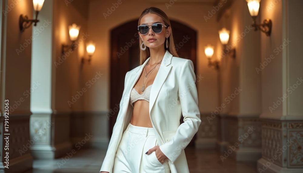 Obraz premium Elegant woman poses in white suit, sunglasses. Fashionable female wears jewelry indoors. Girl shows style, glamour. Blonde model looks confident in formalwear. Businesswoman stands inside building.