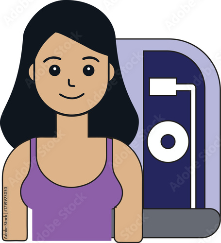 Cartoon woman in a purple tank top standing next to a shower stall Adobe Illustrator Artwork